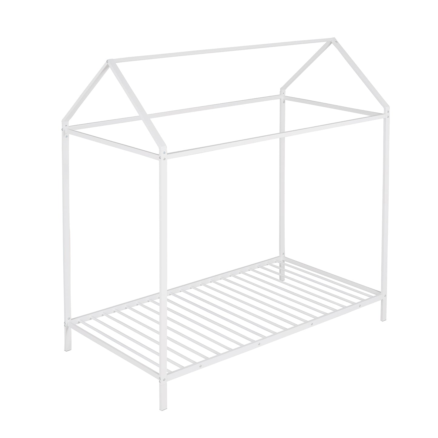 White metal house bed frame with slatted base