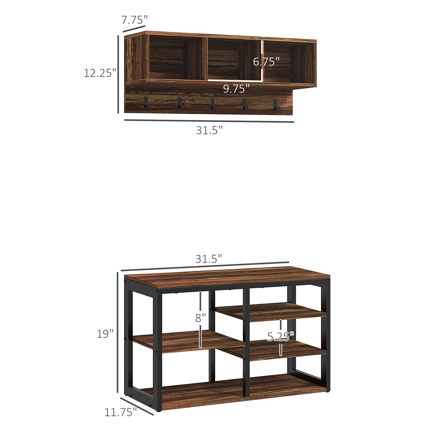 Rustic wood wall shelf with compartments and coat hooks