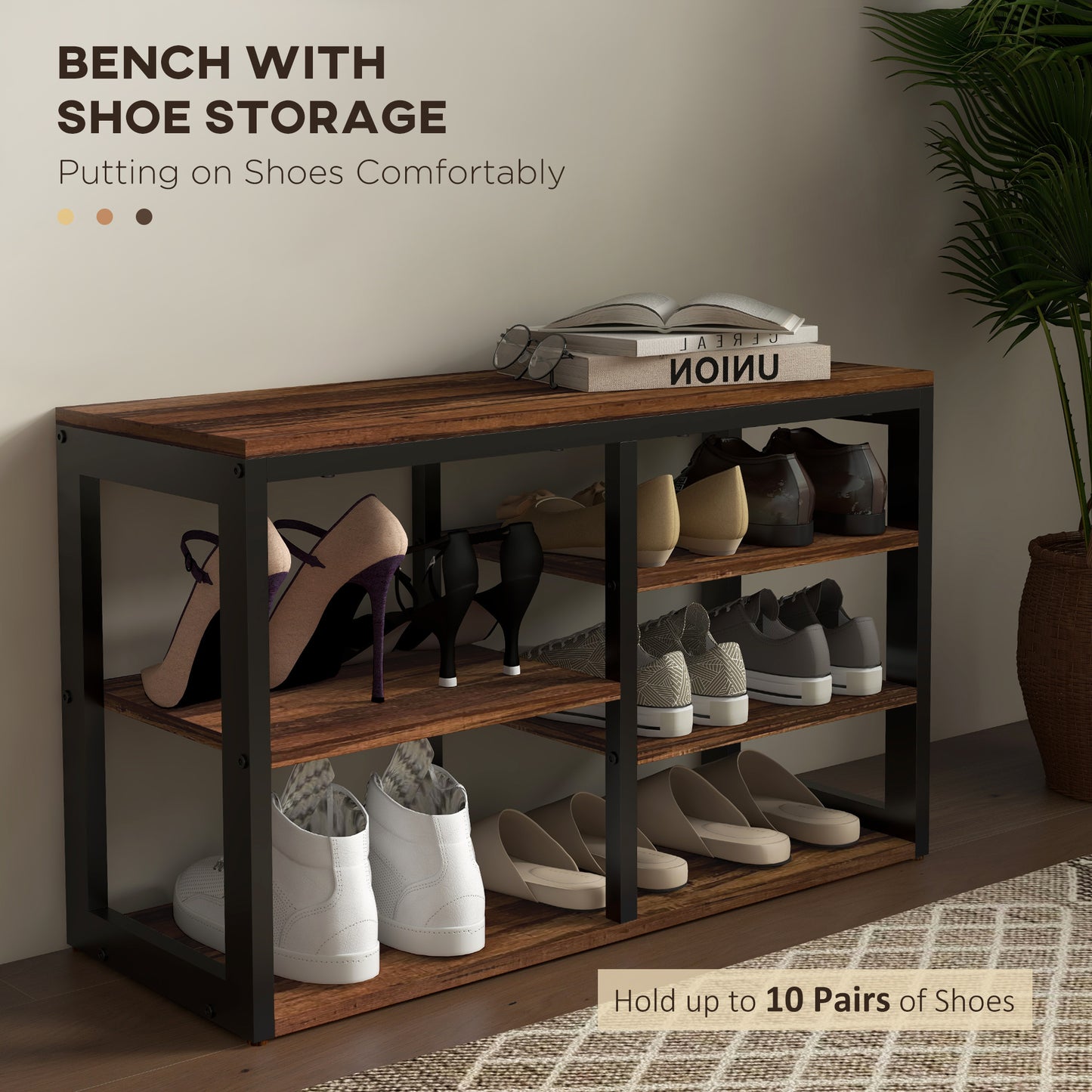 Rustic brown wood and black metal bench with shoe storage