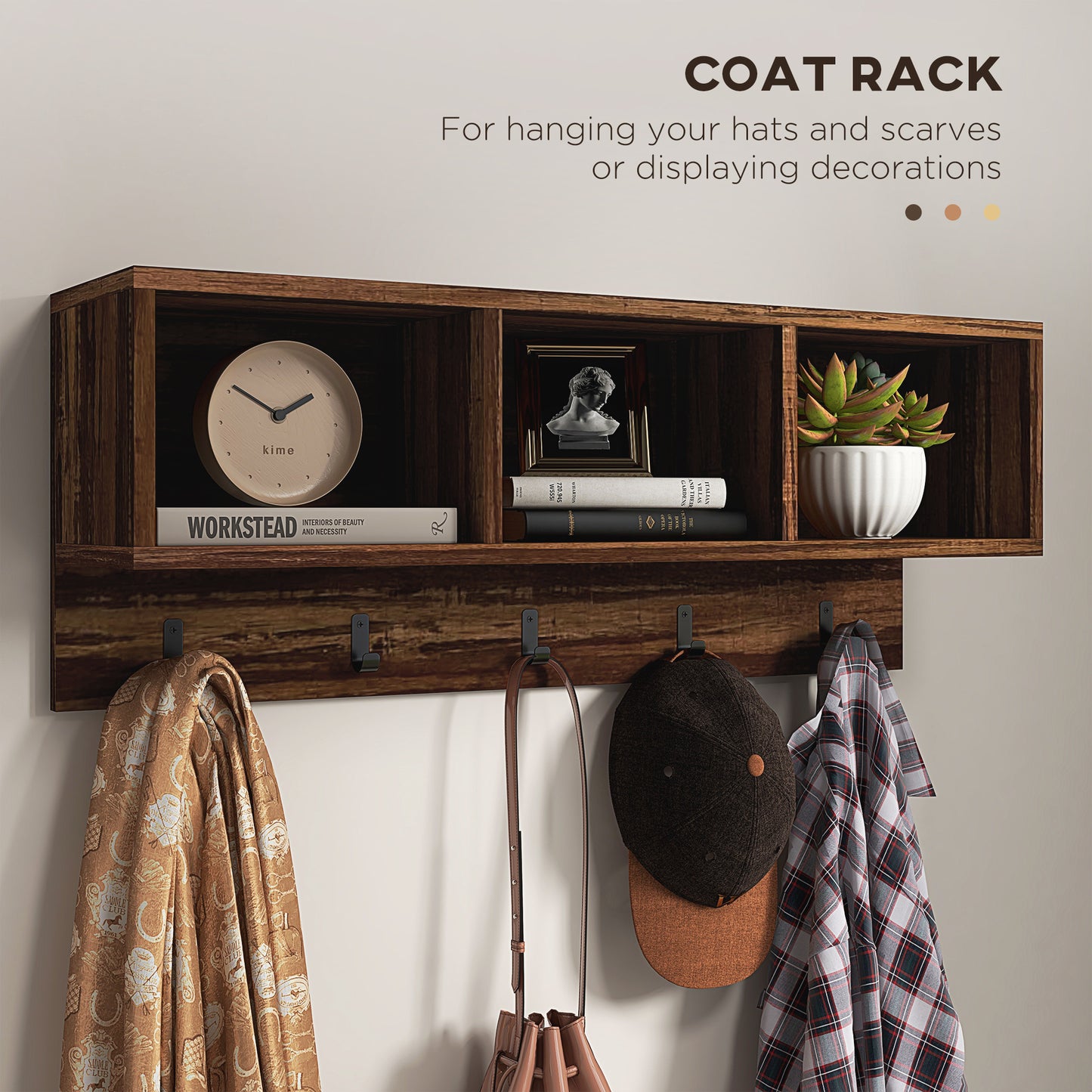 Rustic dark wood wall mounted coat rack with three shelves holding decor