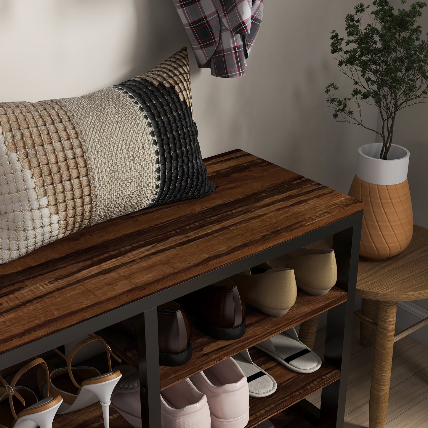 Rustic wood shoe bench with black metal frame holding various shoes