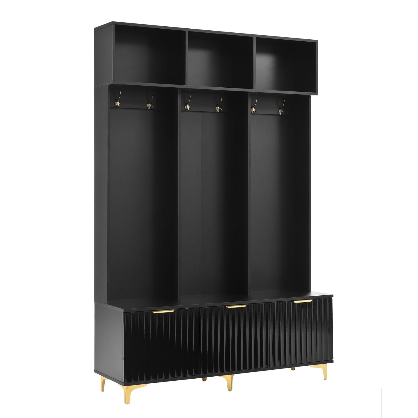 Black entryway hall tree with three open shelves and three lower cabinets