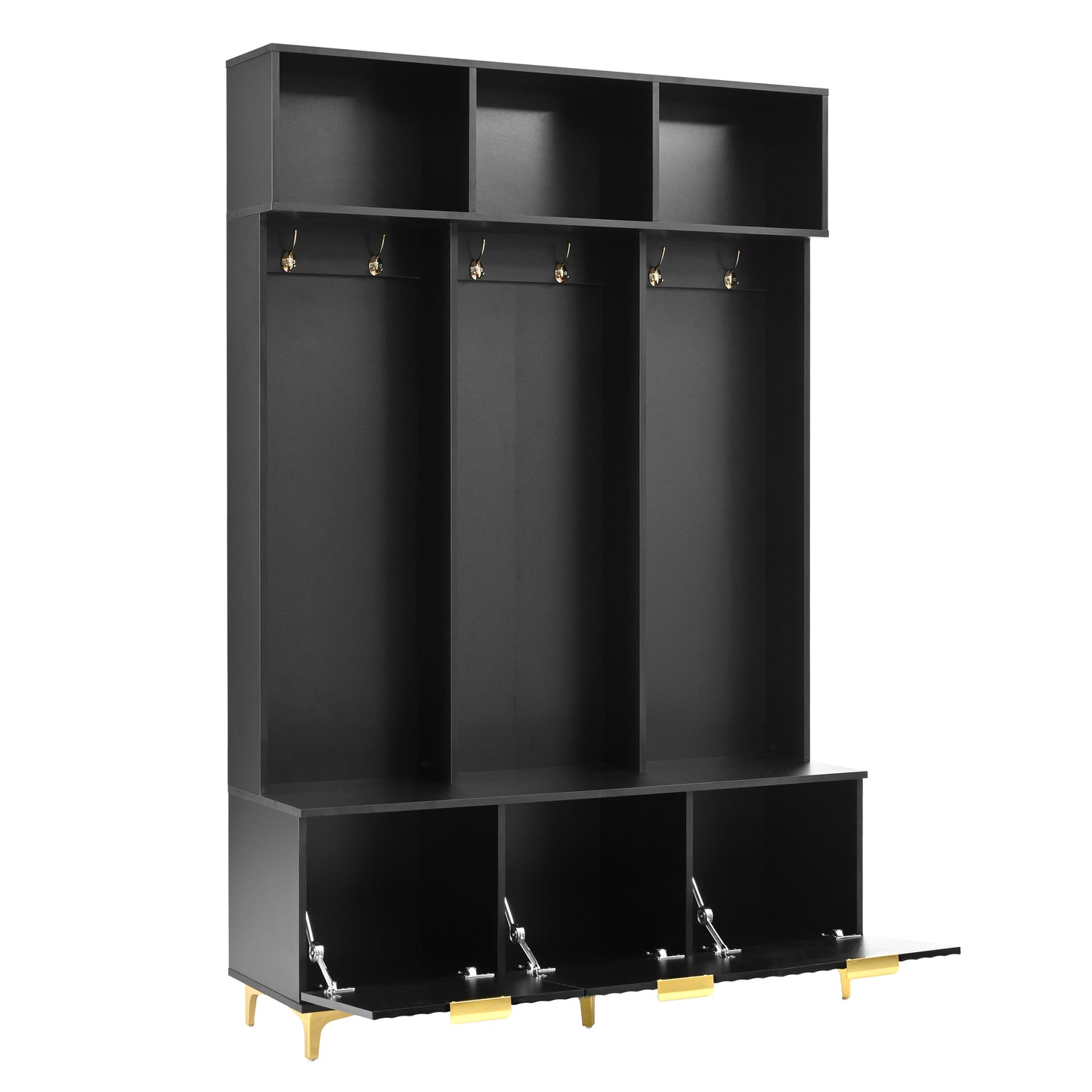 Black entryway storage bench with three open compartments and three cubbies above
