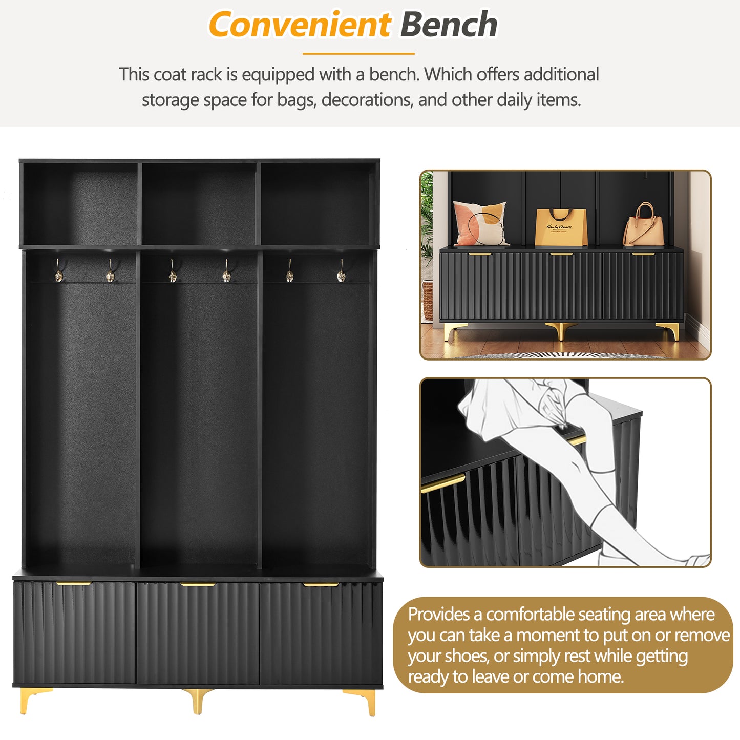 Black entryway storage bench with shelving and four gold coat hooks