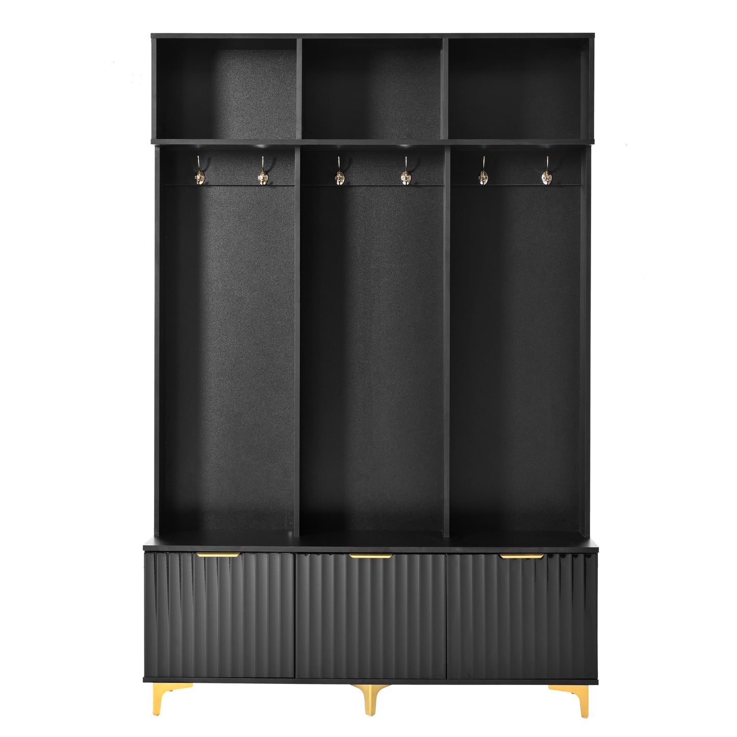 Black entryway bench with three compartments and gold hooks
