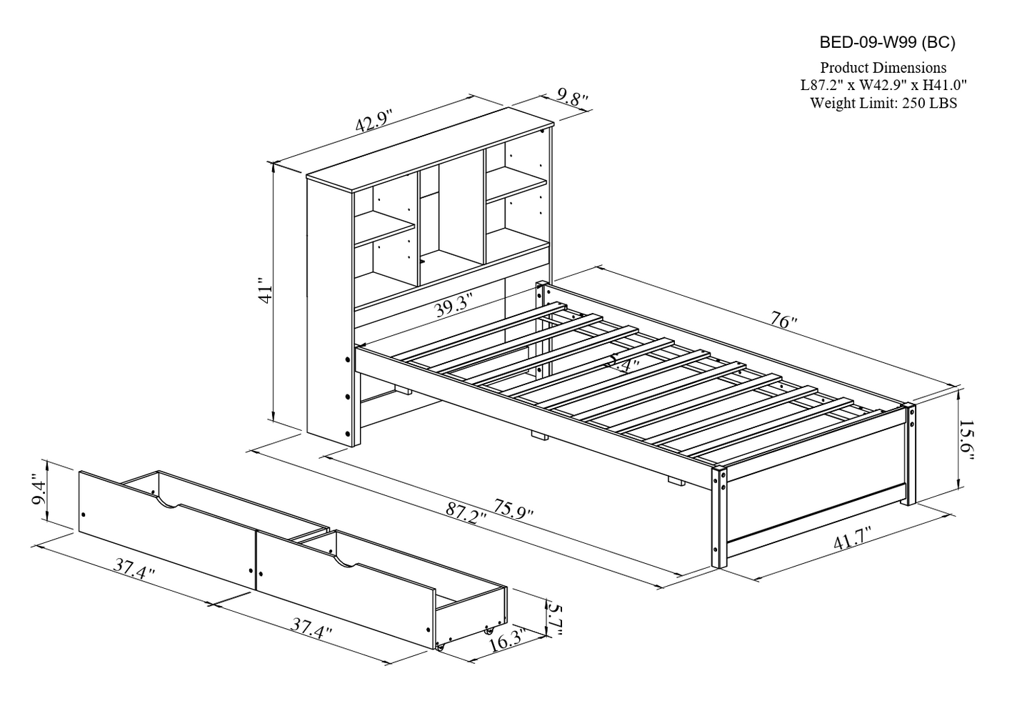Technical drawing of a twin bed frame with integrated bookshelf headboard and two underbed storage drawers