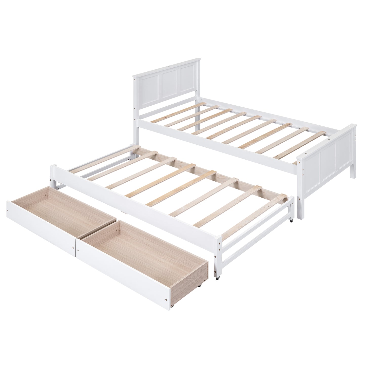 White twin trundle bed frame with two drawers for storage
