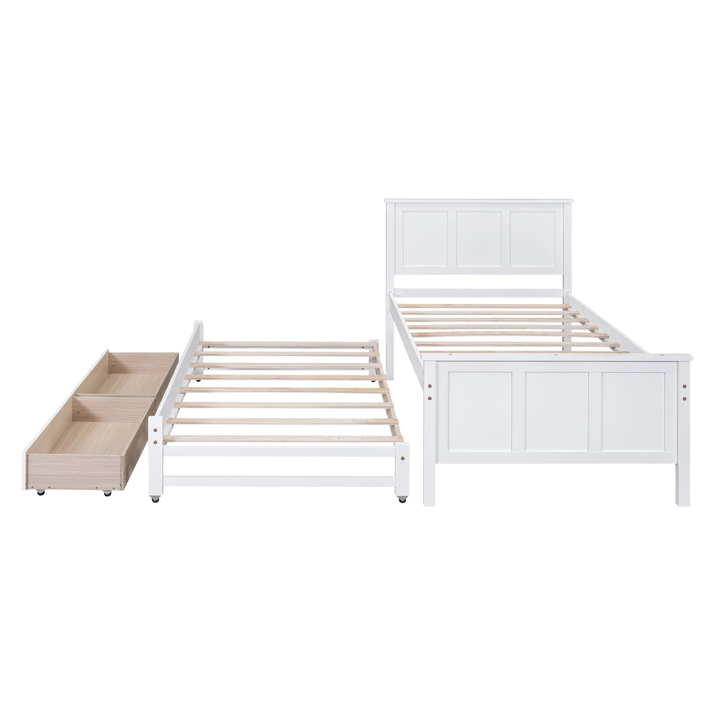 White twin bed frame with pullout drawer and slatted base