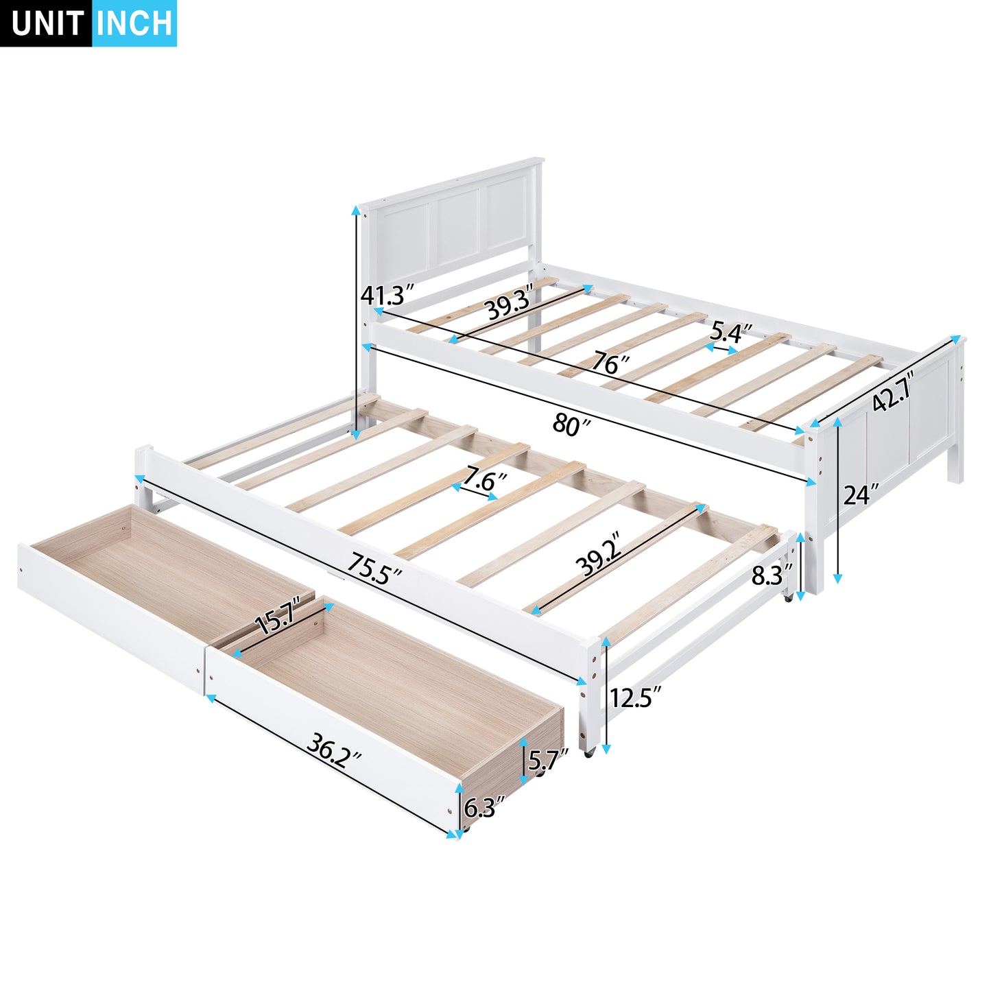 White twin daybed with two drawers and illustrated dimensions length