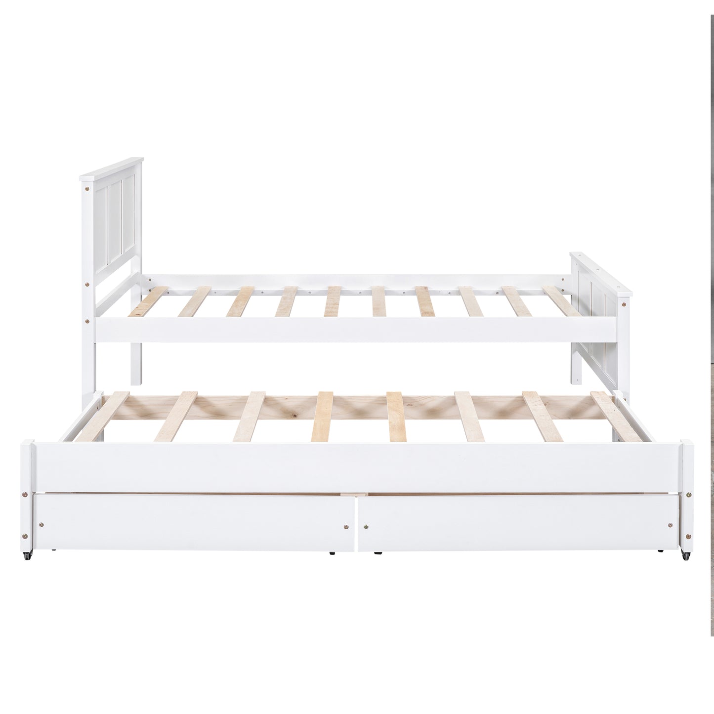 White wooden daybed with trundle and drawers