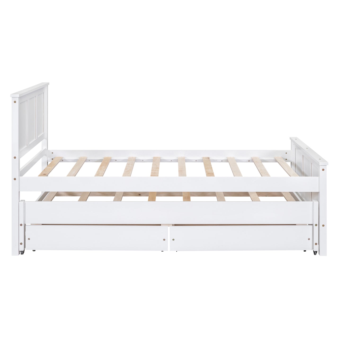 White twin daybed with drawers and slatted wood mattress support