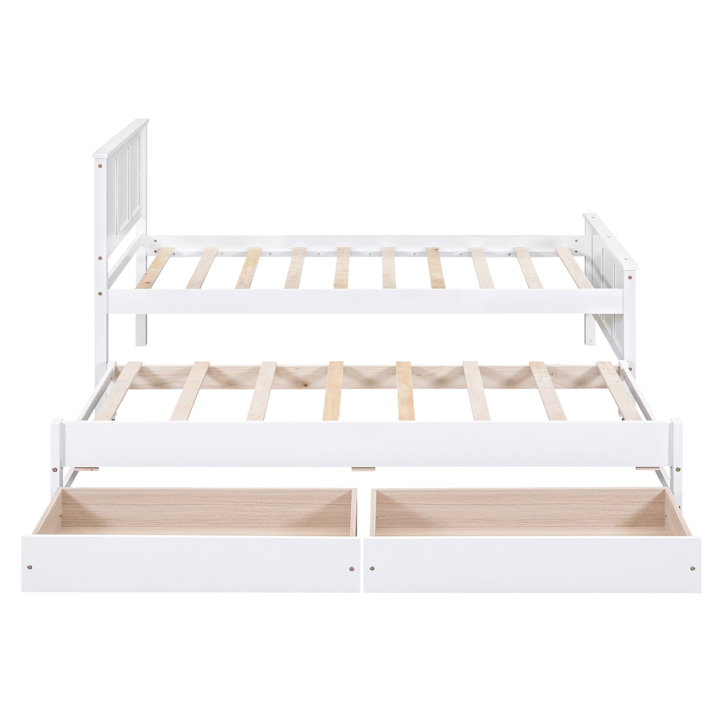 White wooden daybed with two pullout drawers for storage