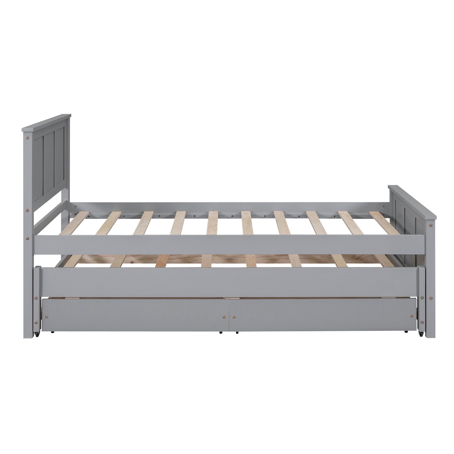 Grey wooden daybed with slatted support and hidden storage drawers