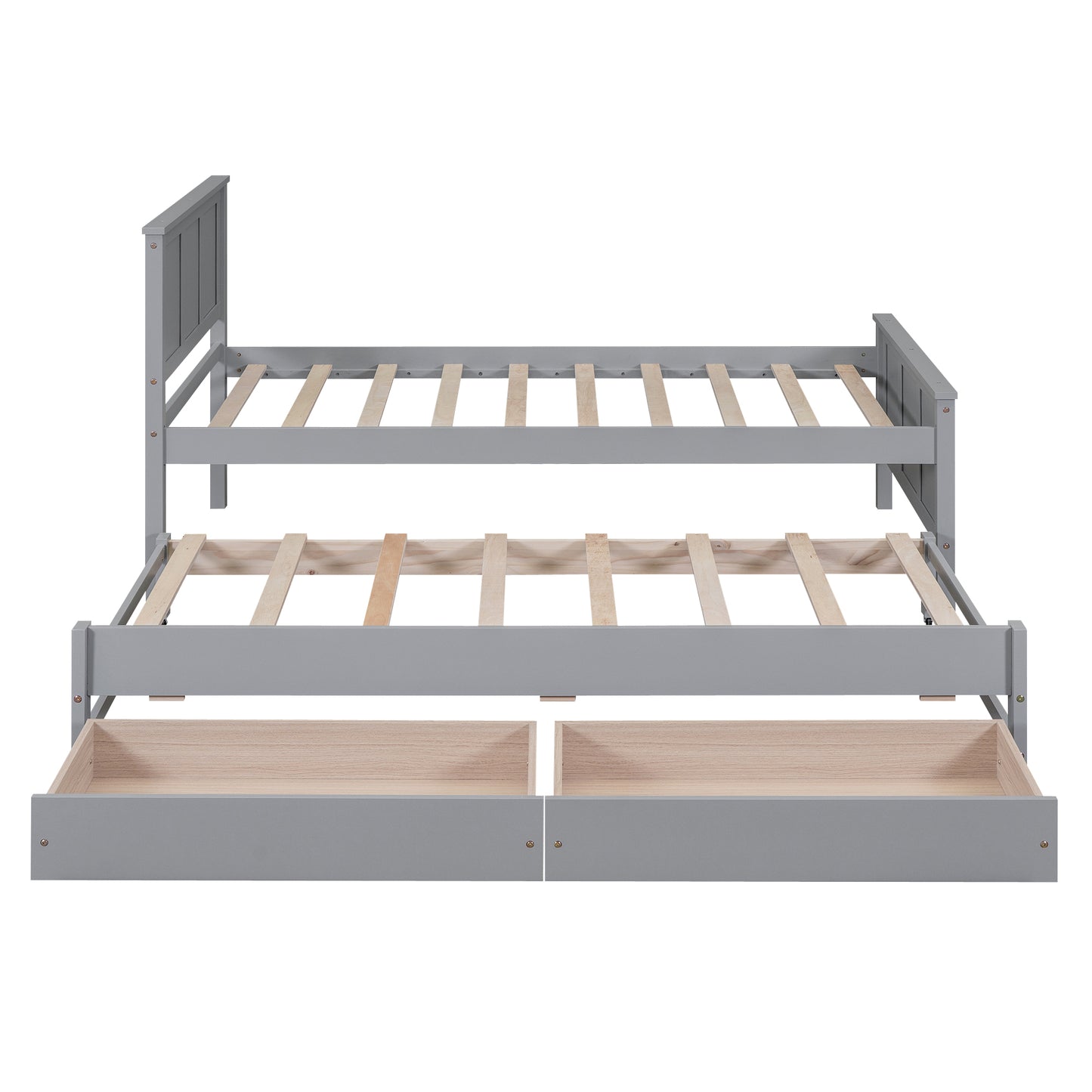 Gray wood daybed with pullout trundle and two storage drawers