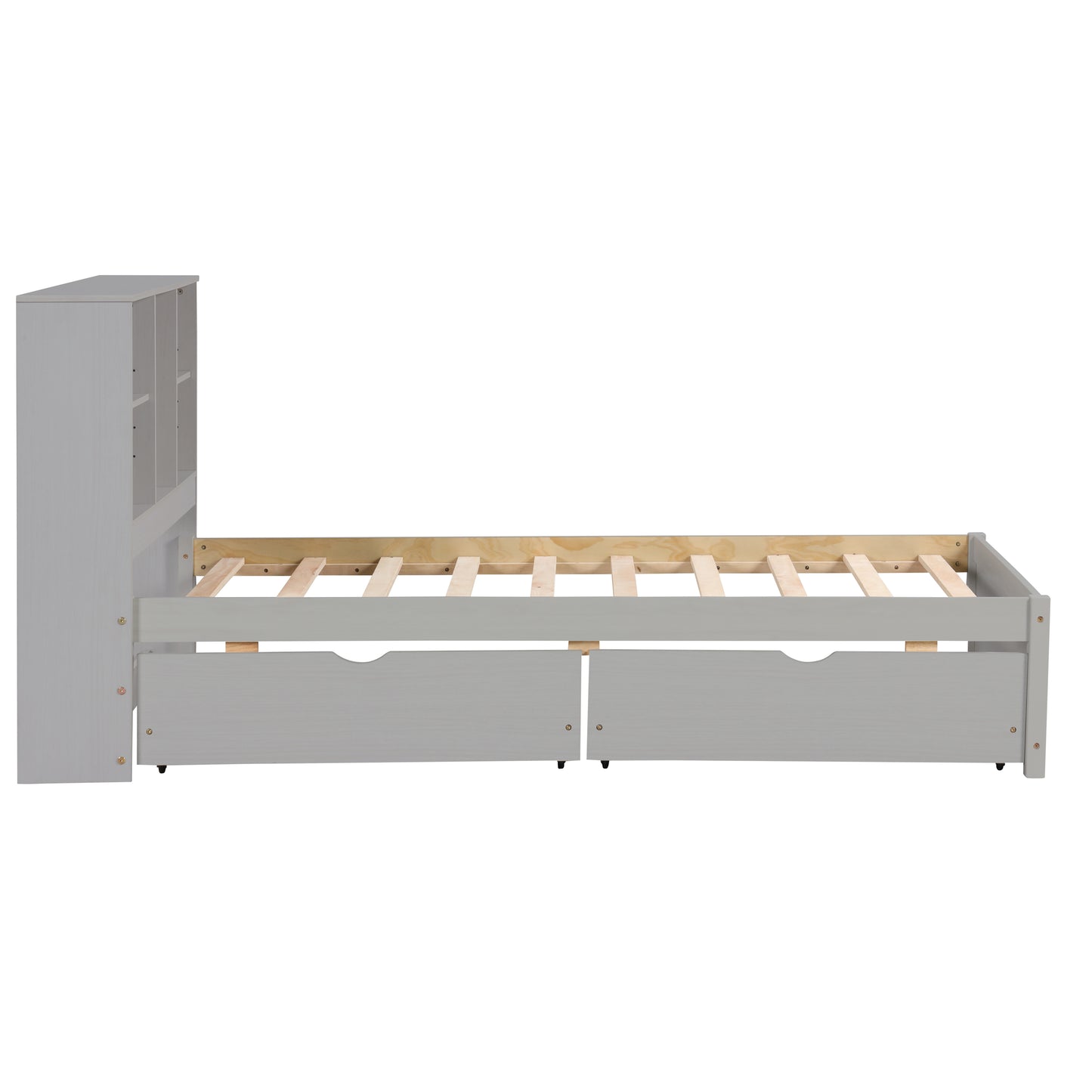 Gray wooden twin bed frame with bookcase headboard and two storage drawers