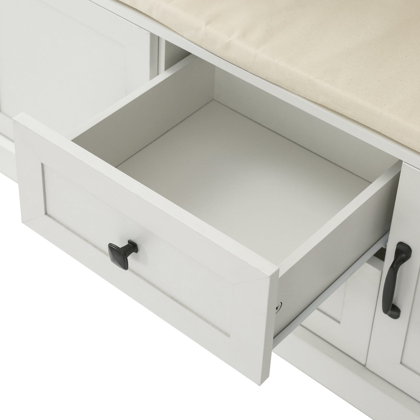 White shoe bench with open drawer and cushioned seat