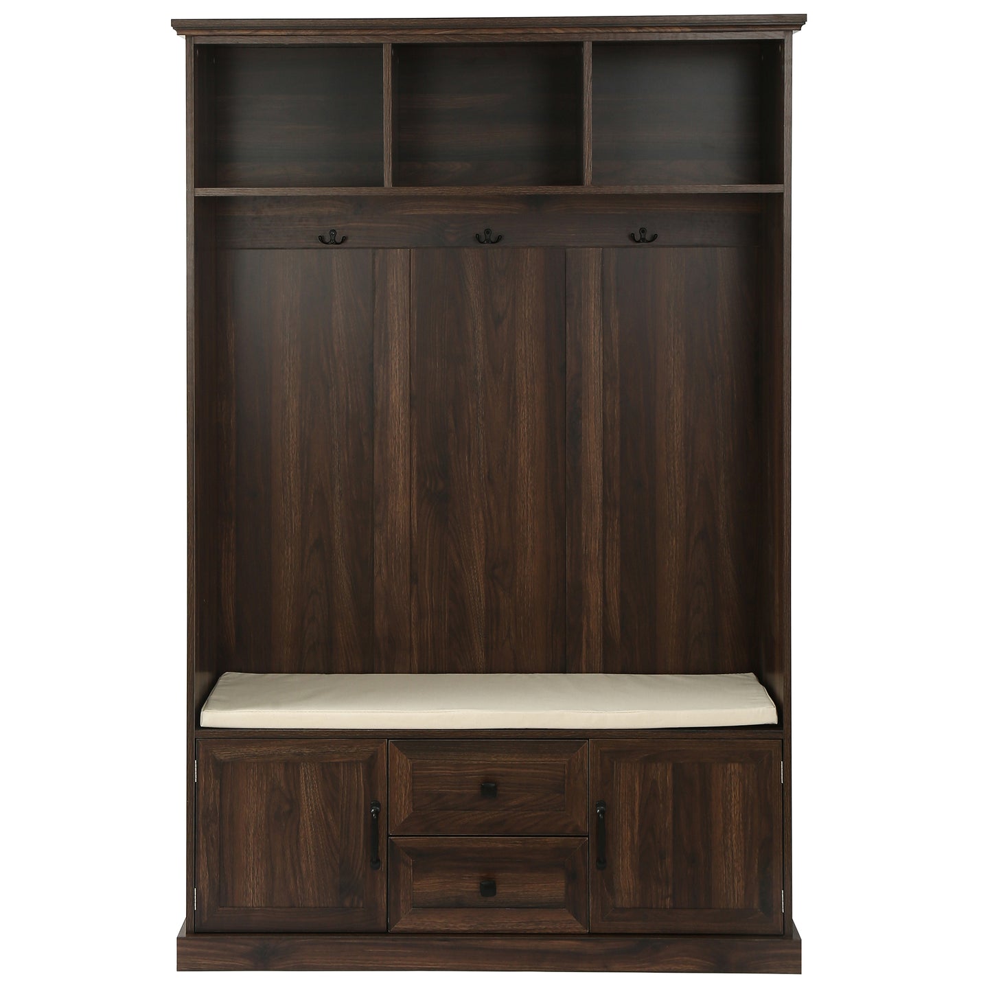 Dark wood hall tree with bench and multiple shelves for entryway organization