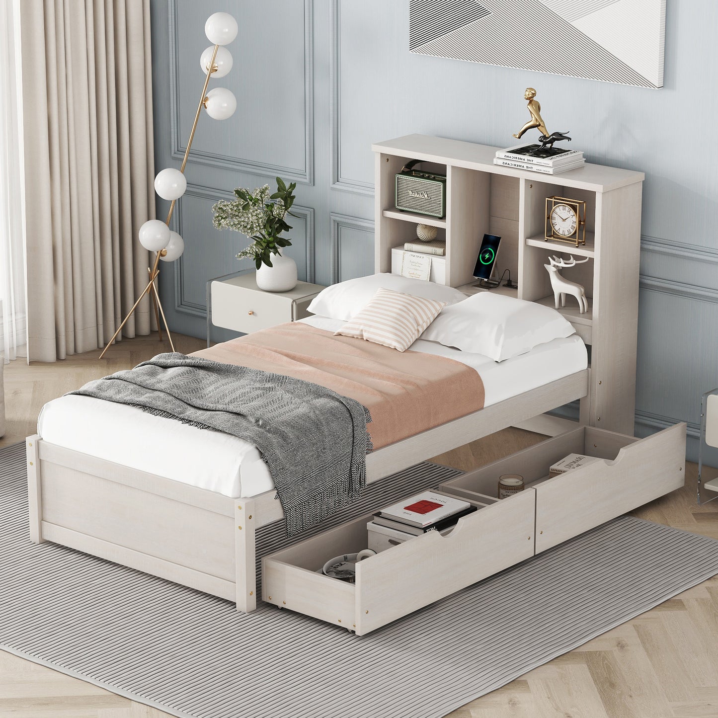 TREATLIFE HOME Modern Twin Size Bed Frame with Integrated USB Port, Bookcase Headboard, and Dual Drawers, White Washed Finish