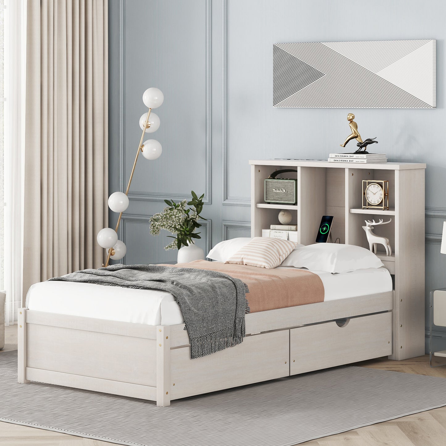 White twin bed with builtin shelving and storage drawers