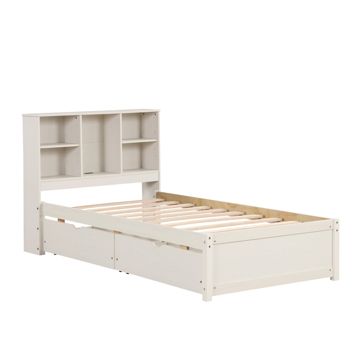 White twin bed frame with bookshelf headboard and storage drawers