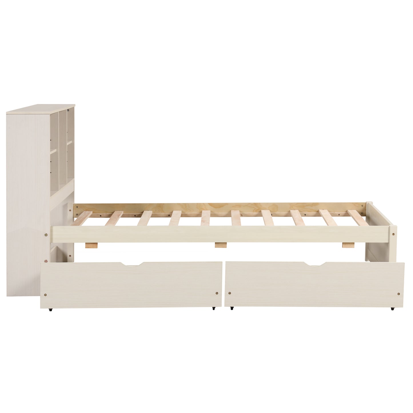White wooden twin bed frame with two drawers and a bookshelf headboard