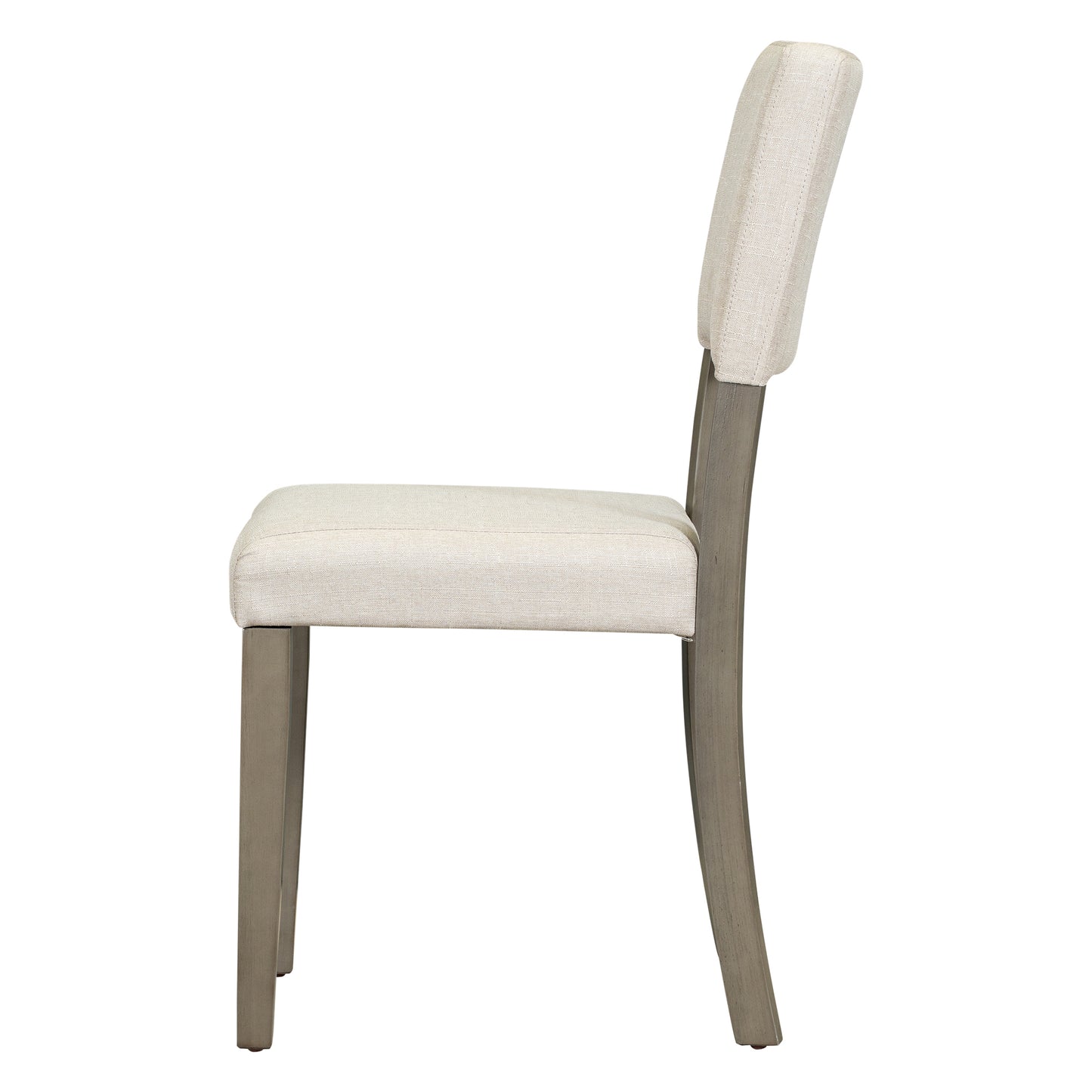 Side view of a beige upholstered dining chair with grey wooden legs