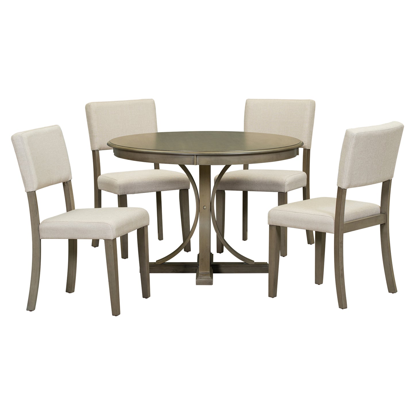 Round grey dining table with four upholstered chairs