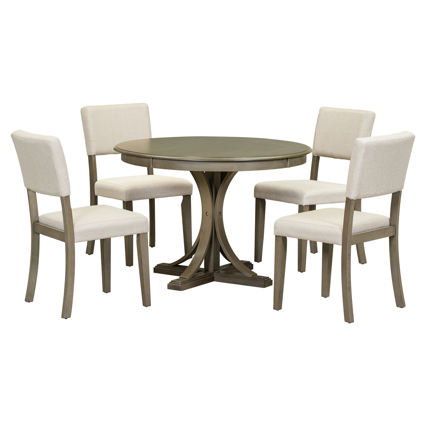 Grey wood round dining table with four upholstered beige chairs