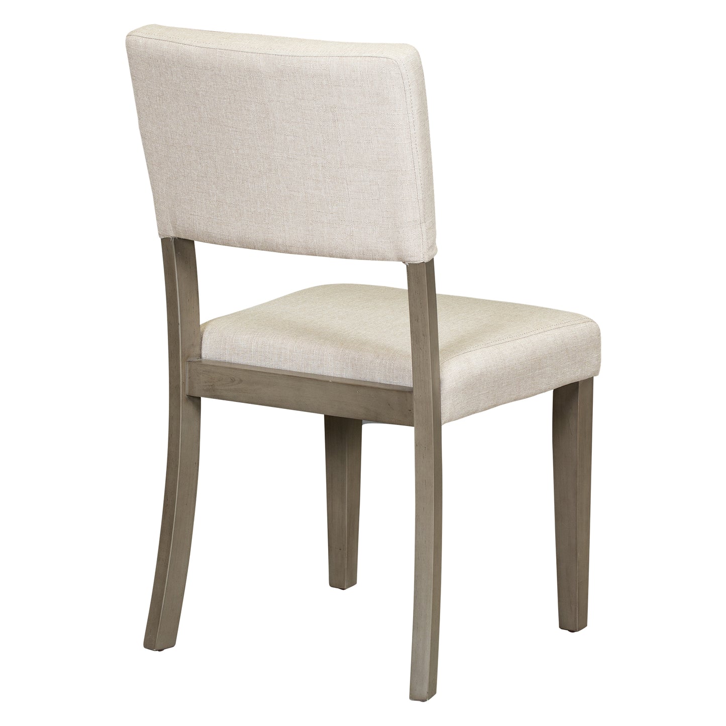 Cream upholstered dining chair with grey wood legs viewed from the back