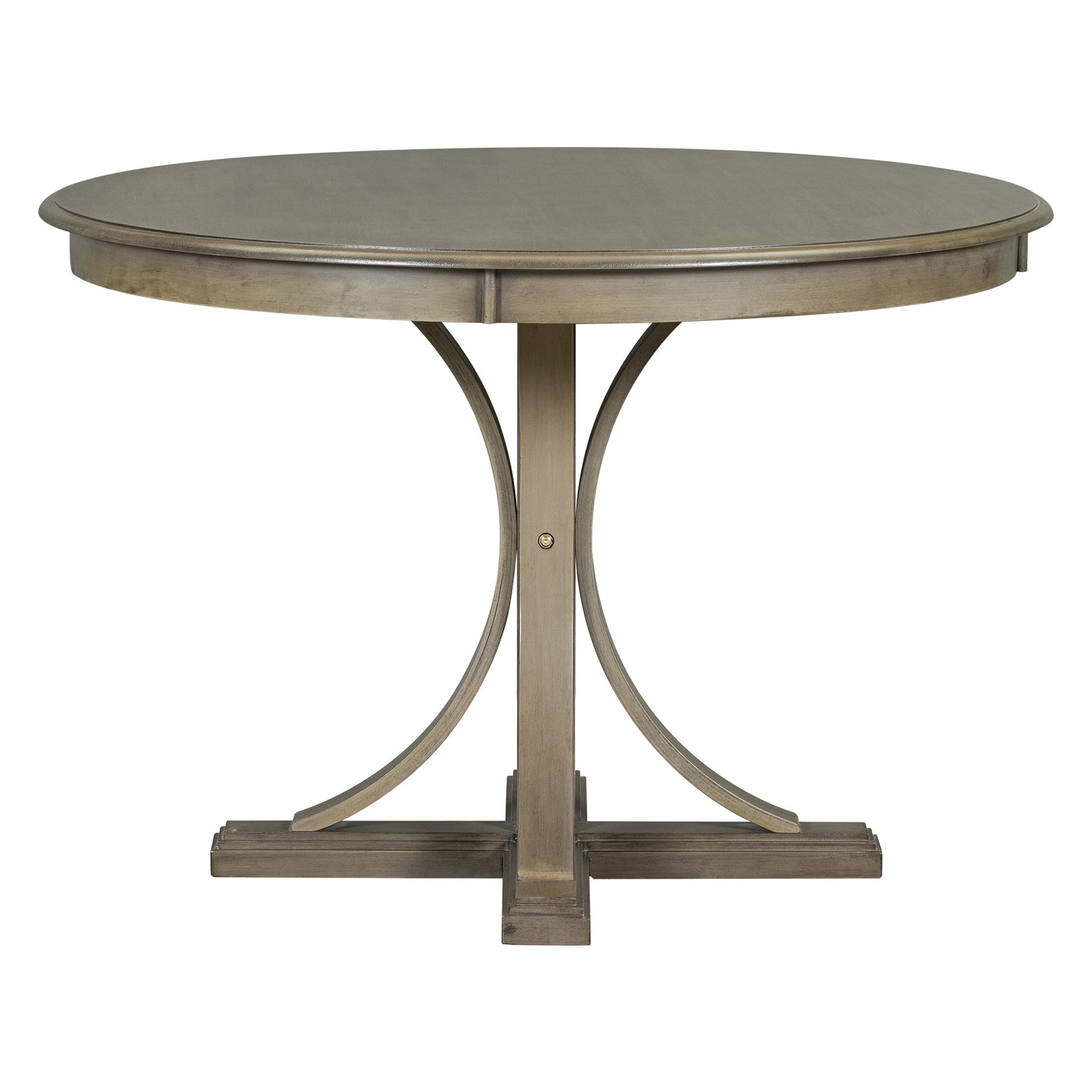 Round gray washed wood dining table with curved metal legs
