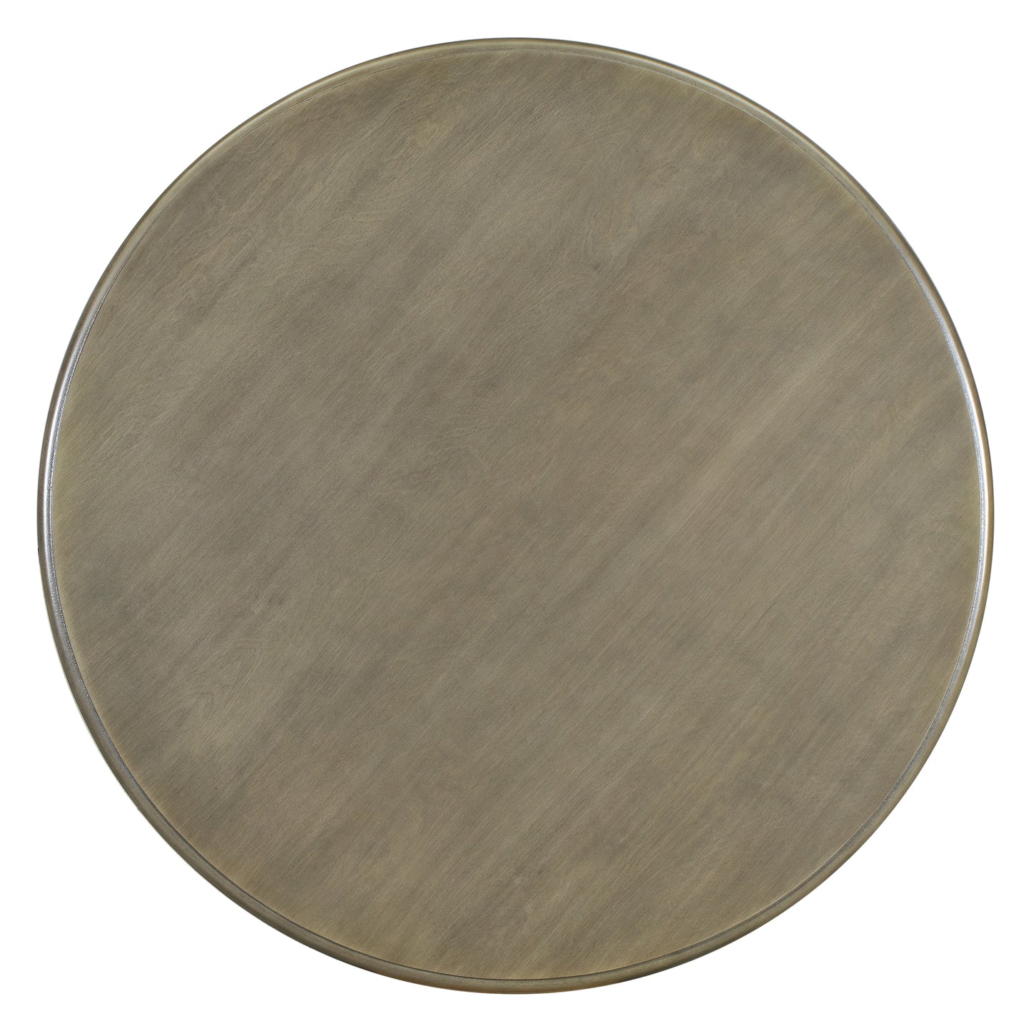 Top view of round wood table in distressed grey finish