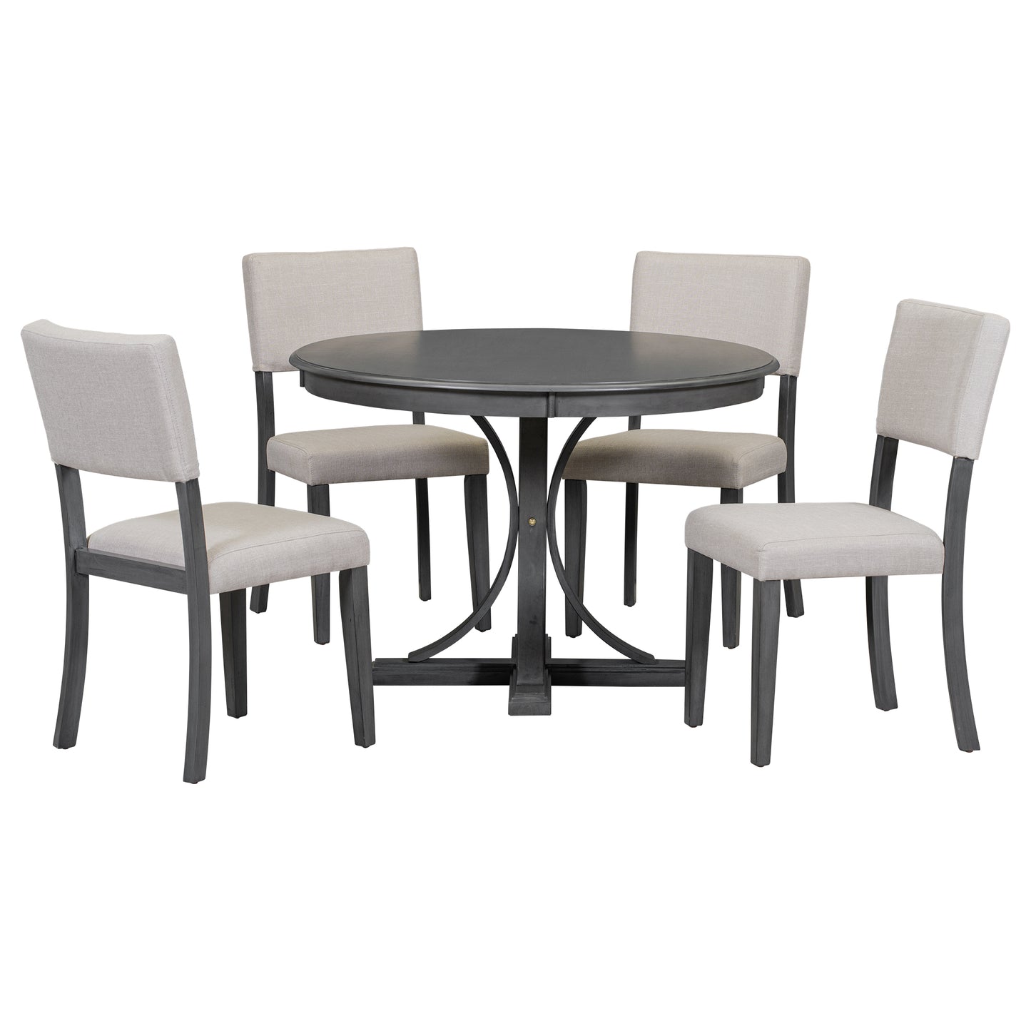 Round dark gray dining table with four upholstered chairs