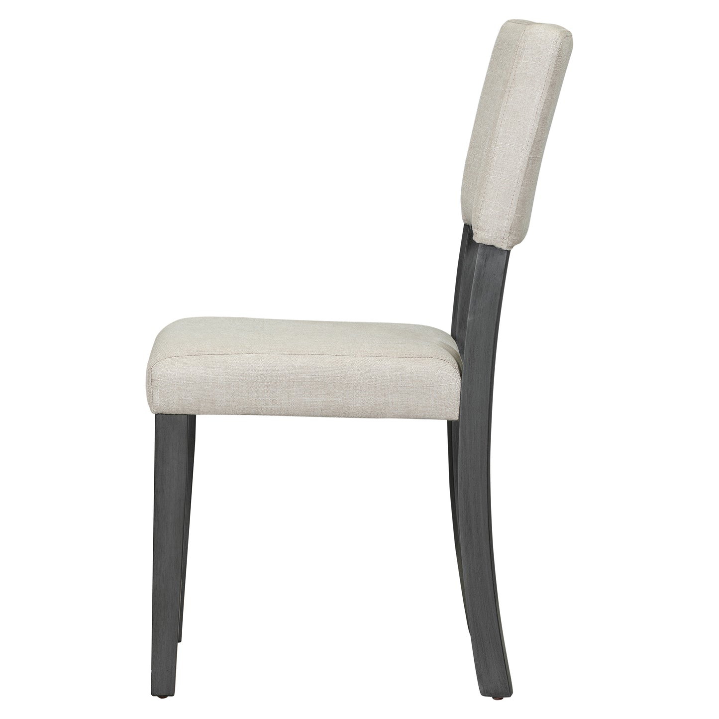 Beige upholstered dining chair with dark wood legs