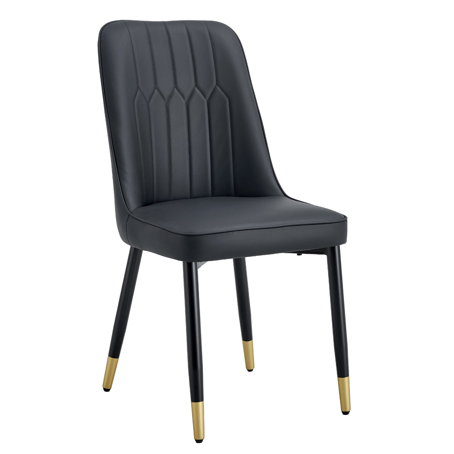 Dark gray upholstered dining chair with stitched details and goldtipped black legs