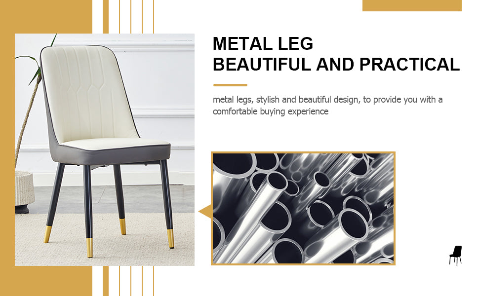 Cream upholstered dining chair with grey trim and black metal legs with gold accents