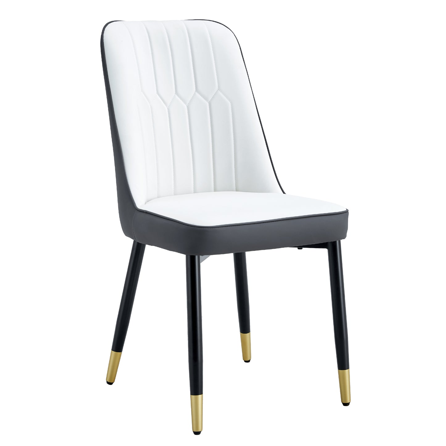 White upholstered dining chair with grey accents and black legs