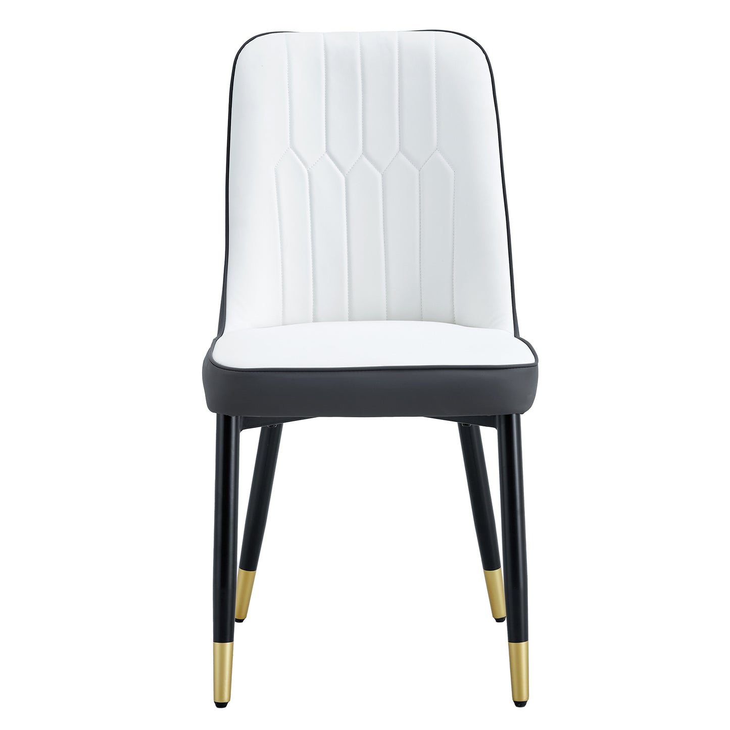 White upholstered dining chair with black accents and goldtipped legs