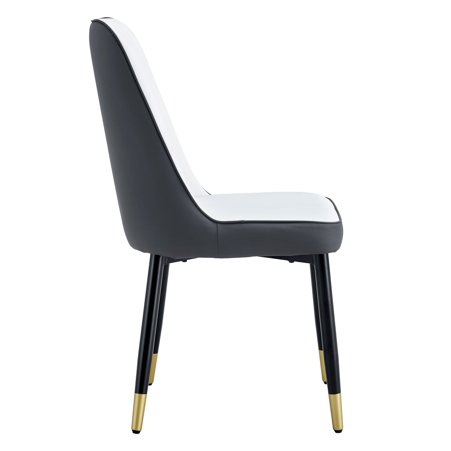Modern twotone dining chair with black and white upholstery and goldtipped black legs