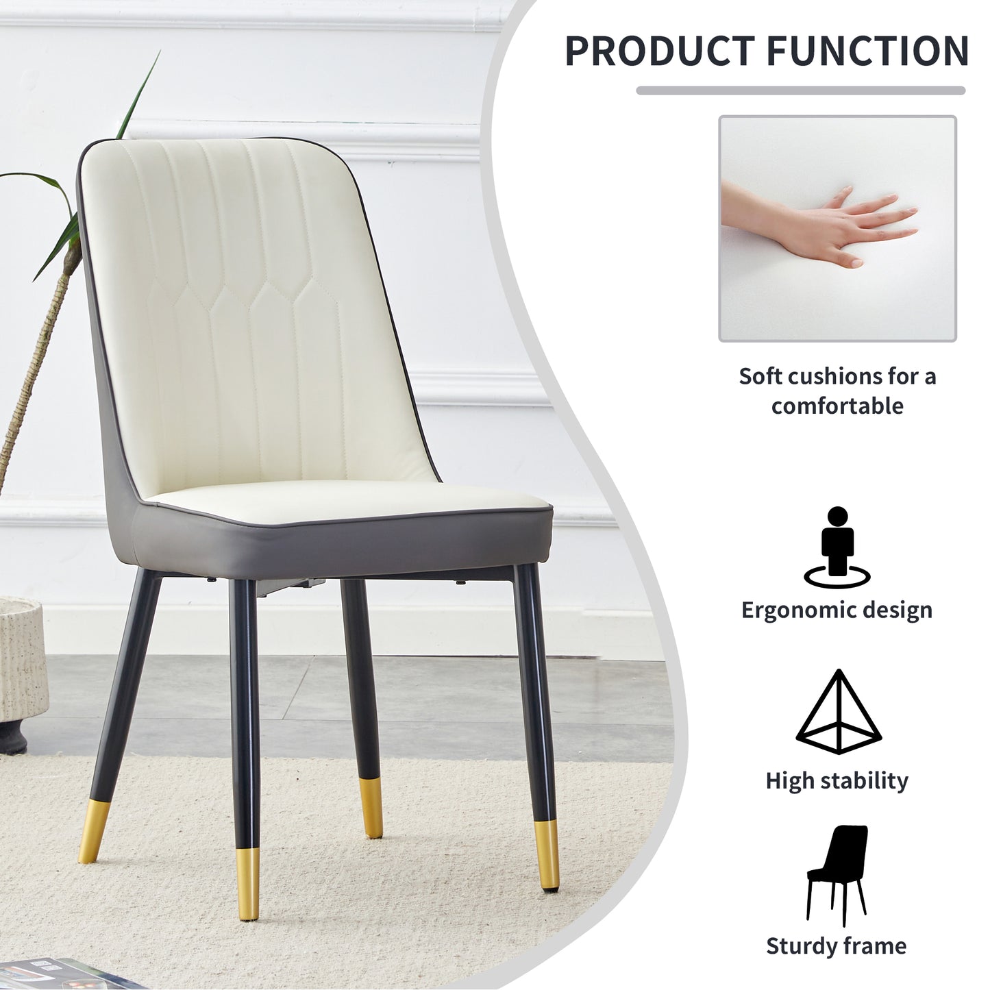 Cream and grey upholstered dining chair with goldtipped black legs