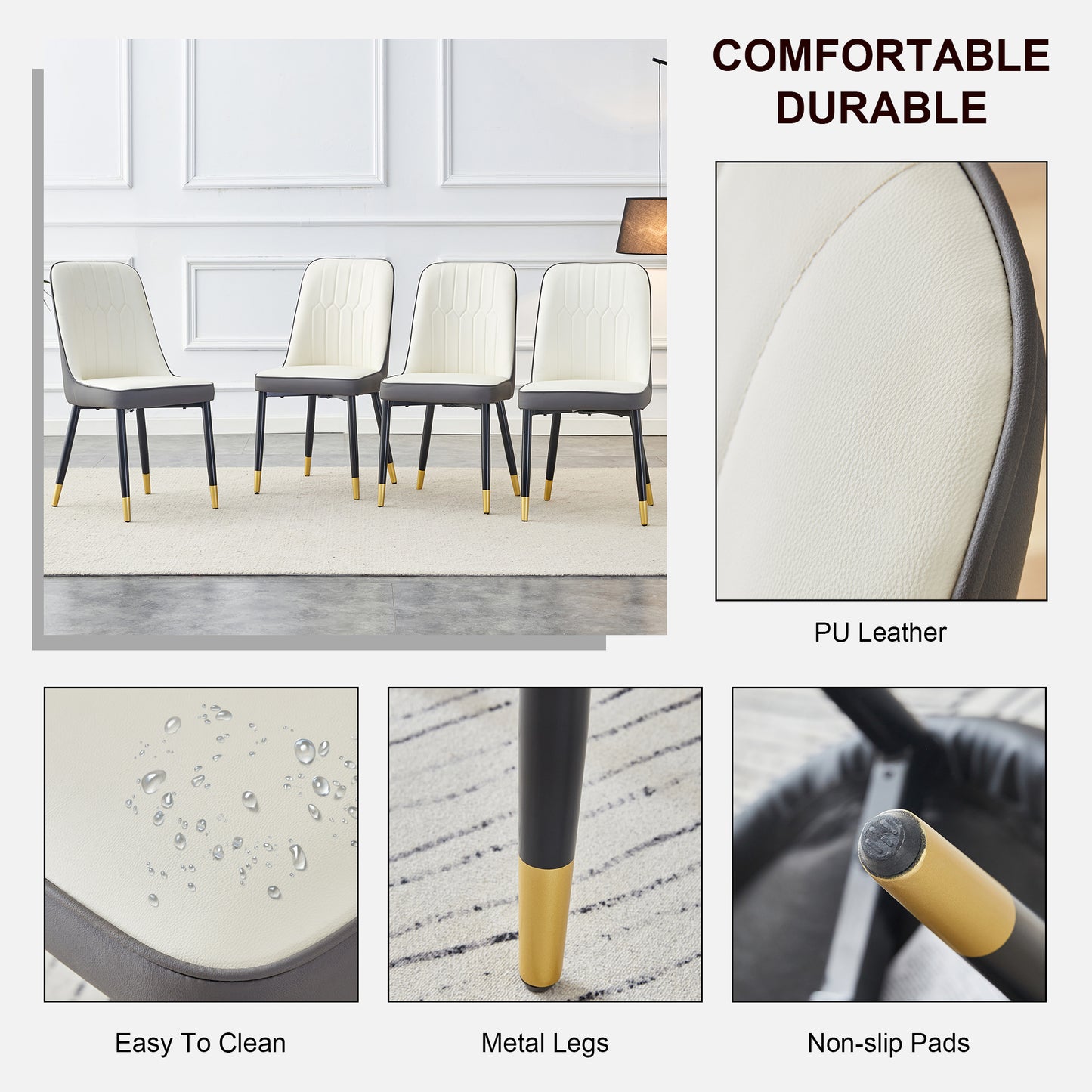 Set of four cream and gray PU leather dining chairs with gold metal legs