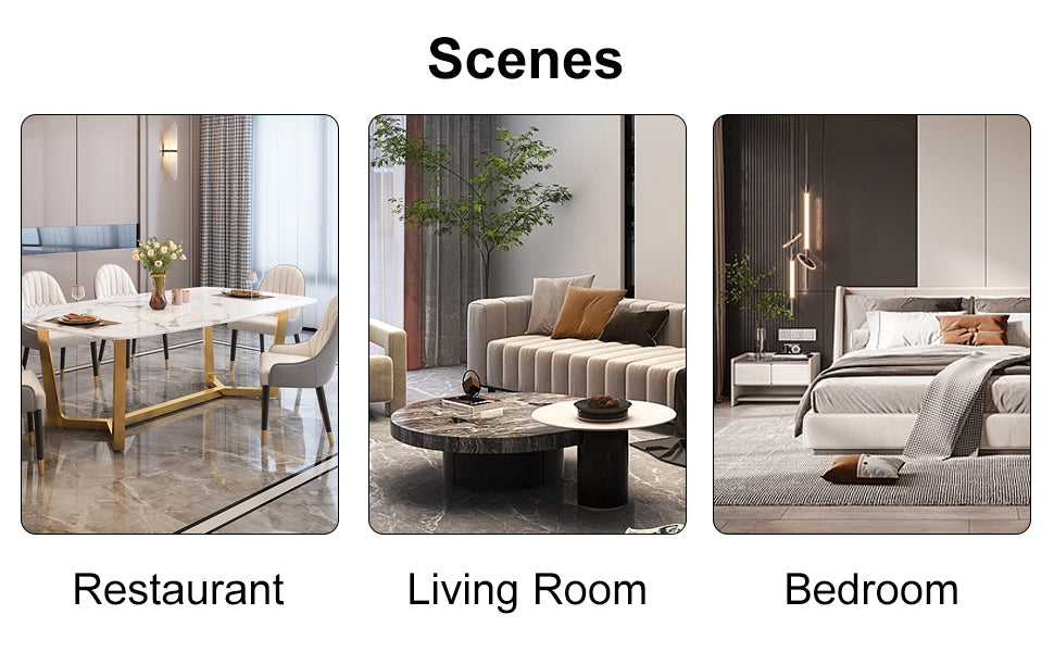 Modern white marble dining table with gold legs and upholstered chairs for a stylish restaurant setting