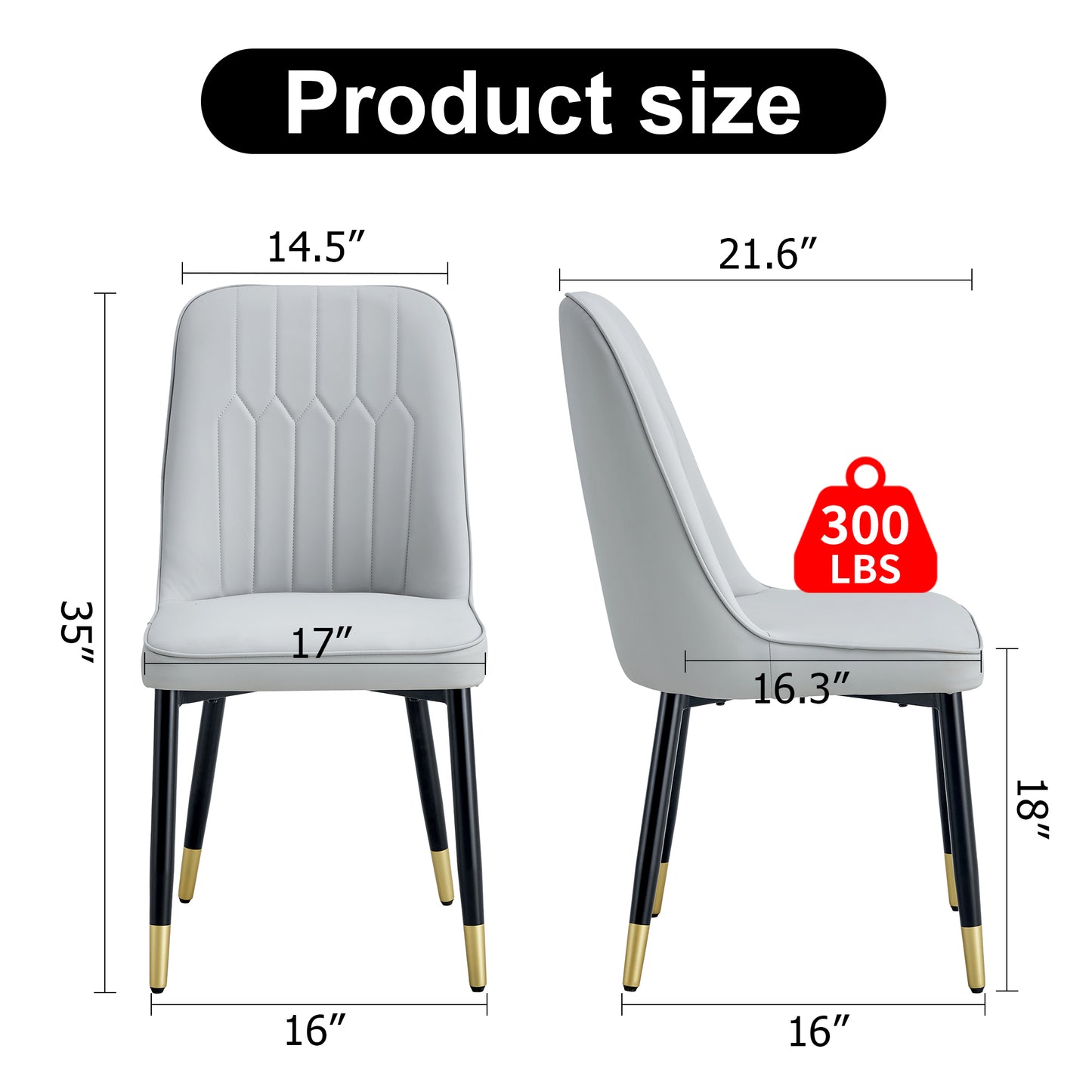 Front and side view of a light gray upholstered dining chair with diamond stitching This chair has a lb weight capacity
