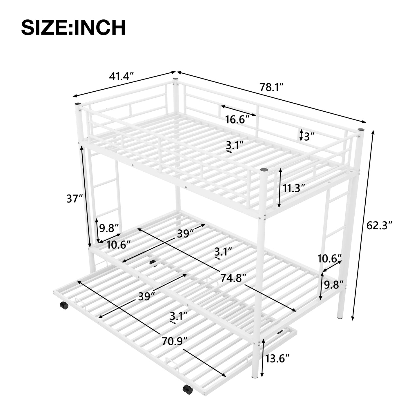 White metal triple bunk bed with dimensions