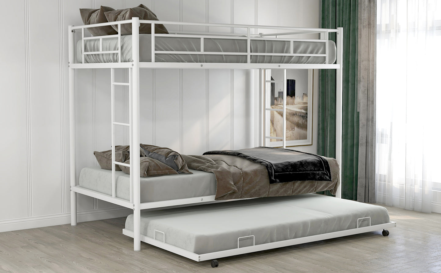 White metal triple bunk bed with pullout trundle