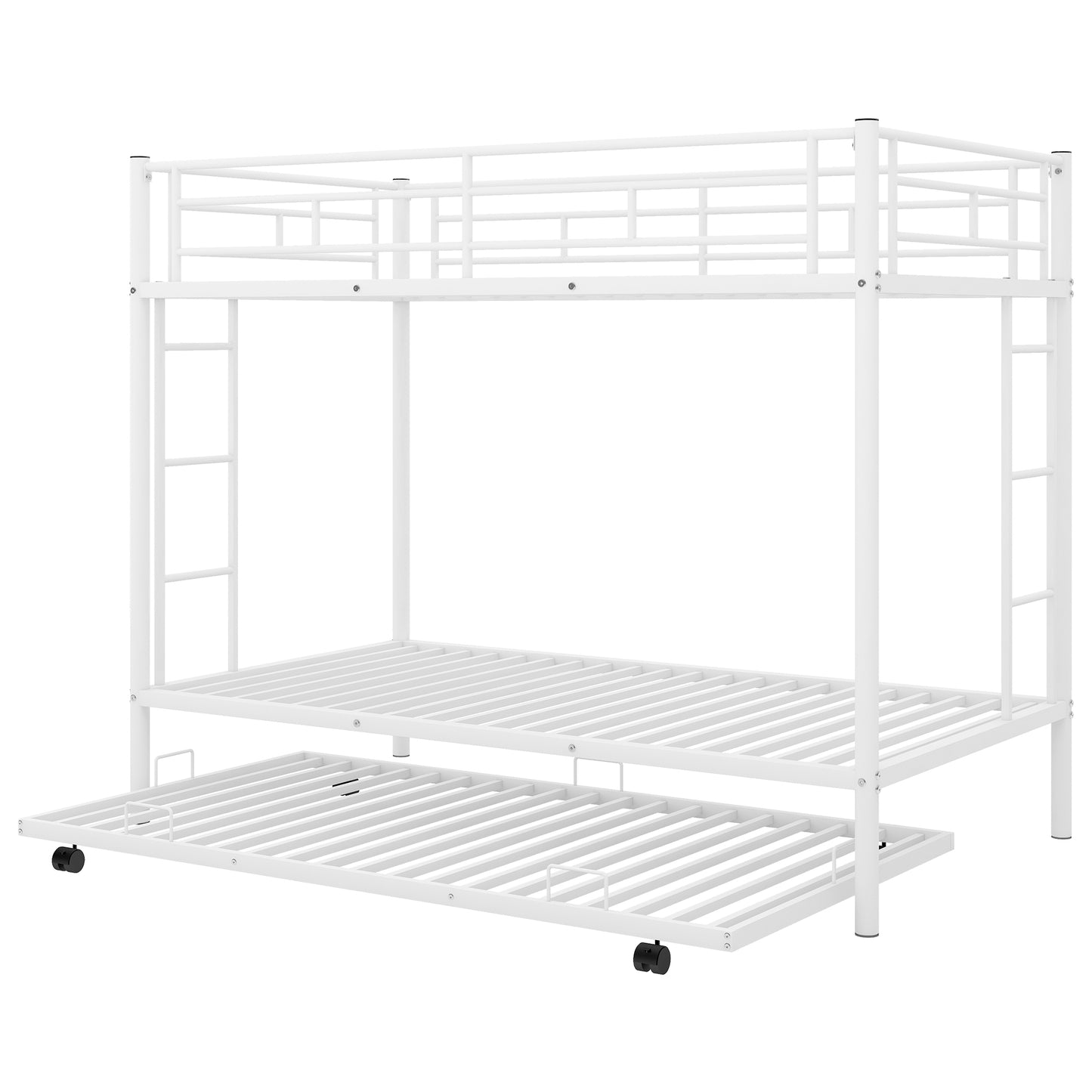 White metal twin bunk bed with pullout trundle