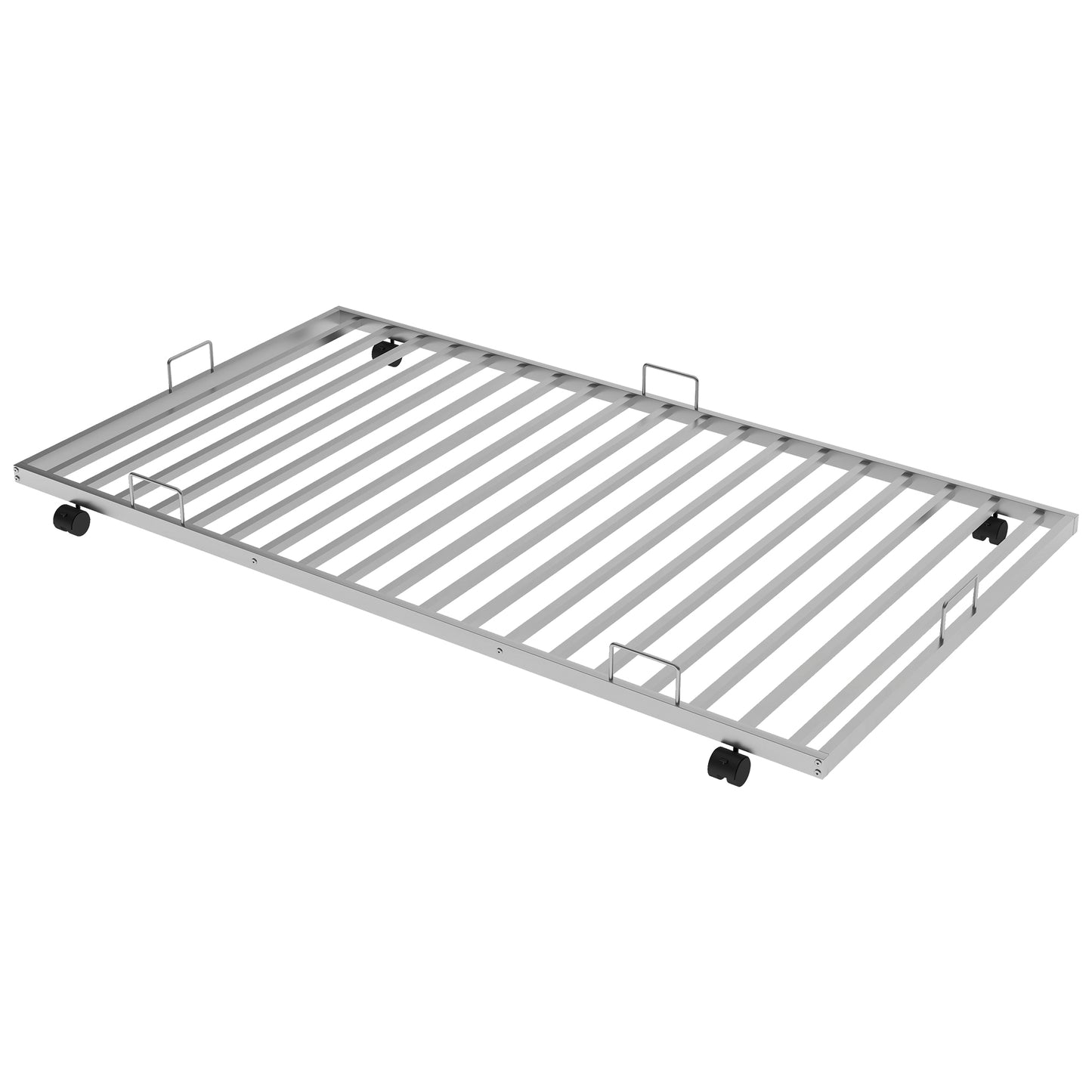 Sleek silver metal bed frame with wheels