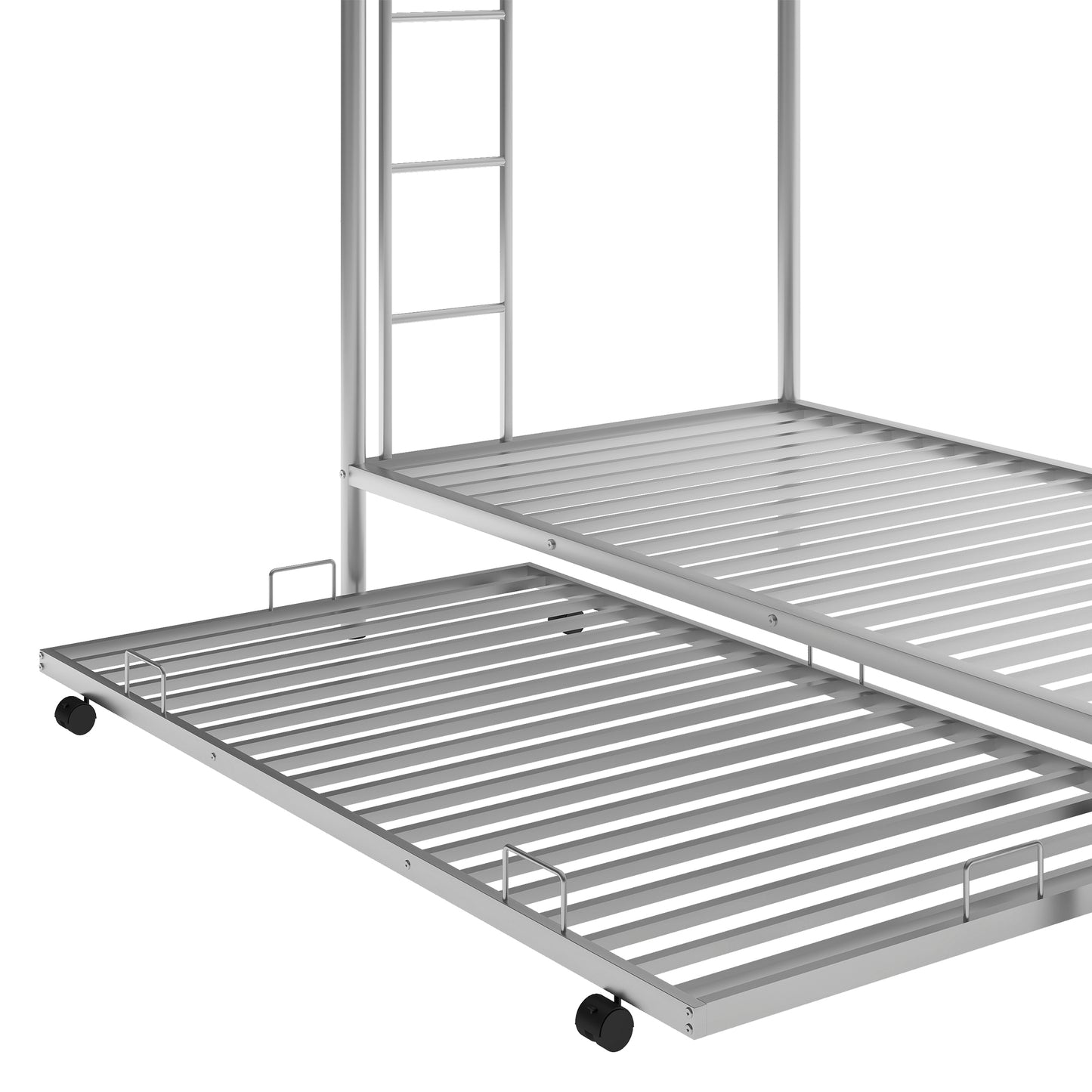 Silver metal bunk bed frame with pullout trundle bed