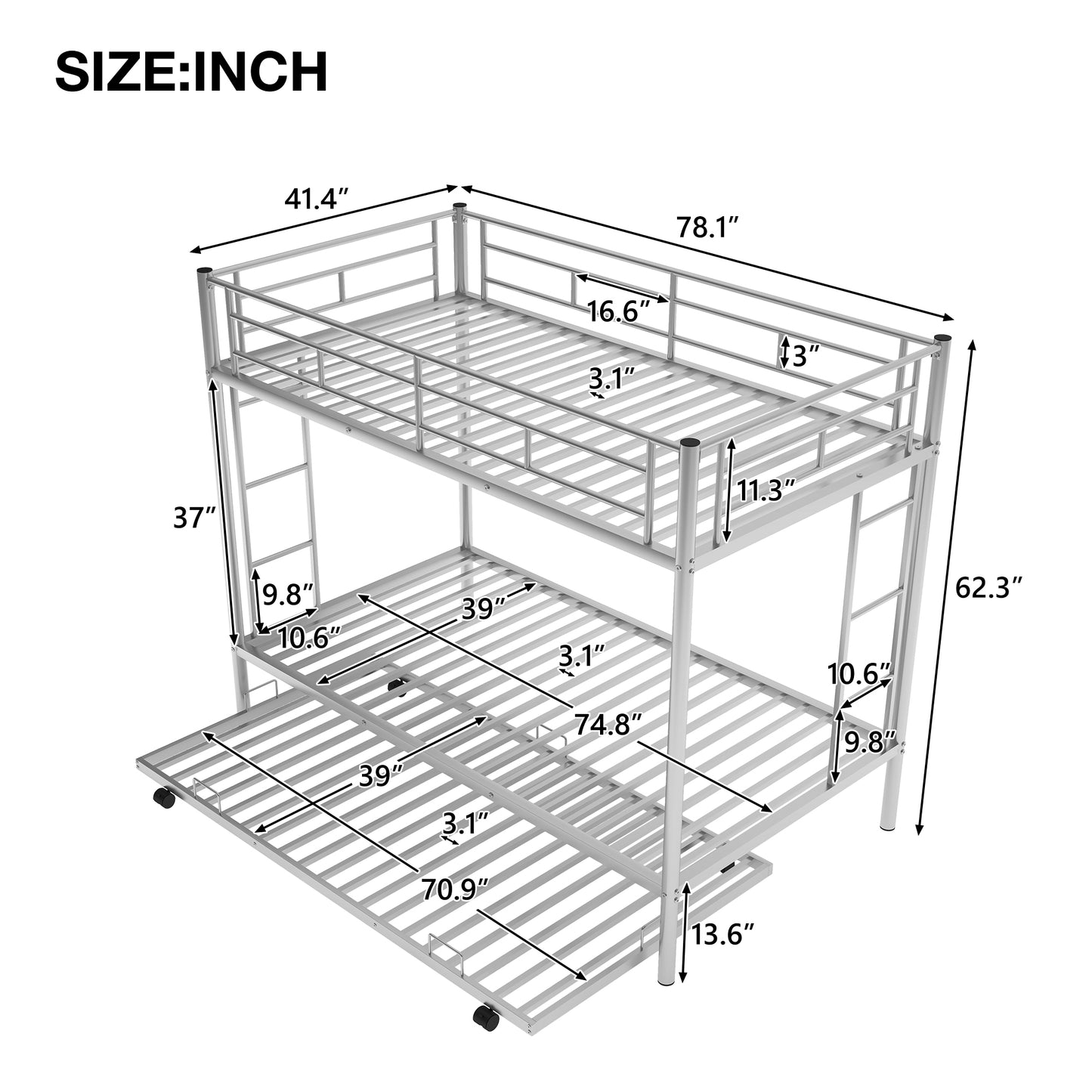 Silver metal triple bunk bed with pullout trundle L x W