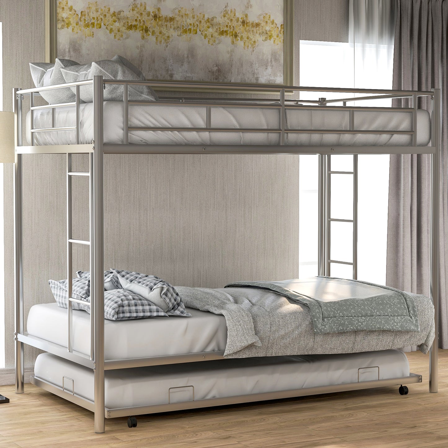 Silver metal twin bunk bed with pullout trundle perfect for kids rooms