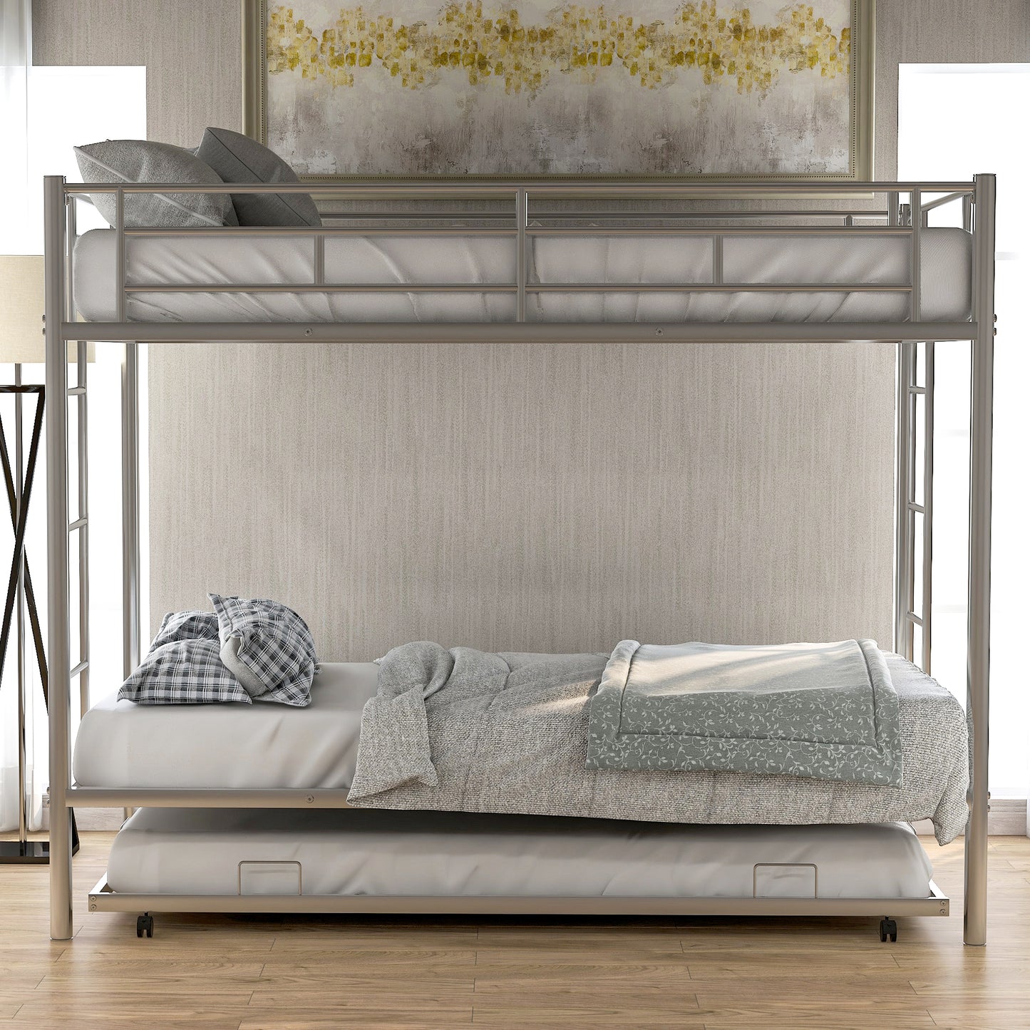 Silver metal triple bunk bed with mattresses and pillows